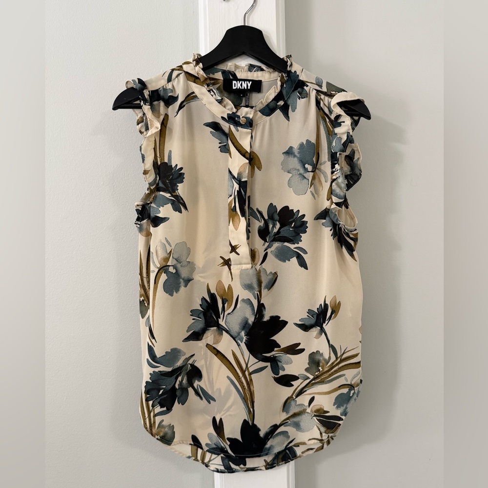 DKNY Cream Floral Ruffle-Sleeve Camisole with Blue and Olive Print